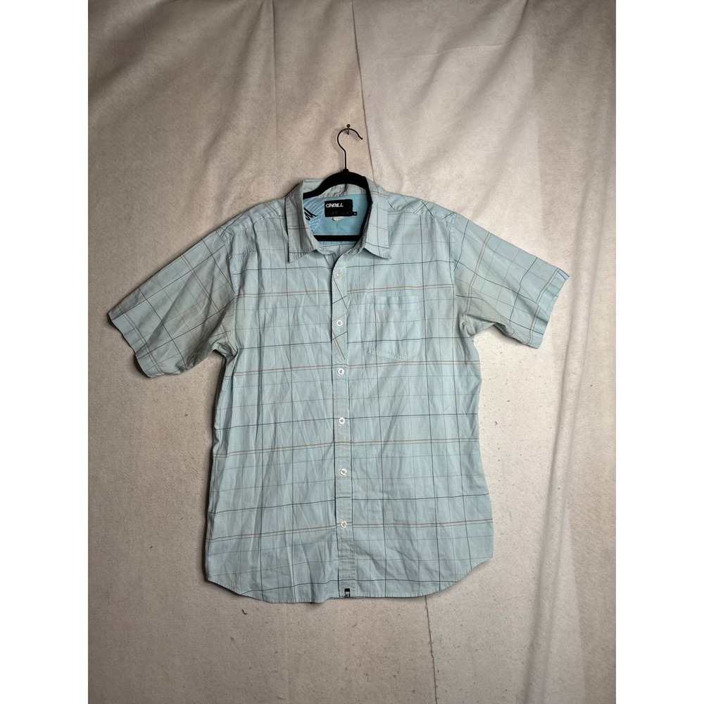 O'Neill Mens XL Short Sleeve Button Down Shirt Plaid Light Blue Casual Surf 2818